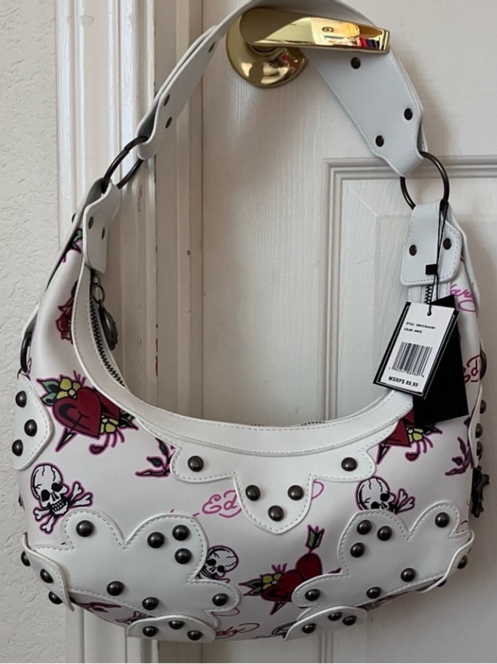ED HARDY Studded White Vegan Leather Tattoo Crescent Bag NEW NWT